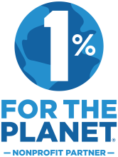 1% for the Planet Nonprofit Partner logo in blue font with large white 1% in a blue planet